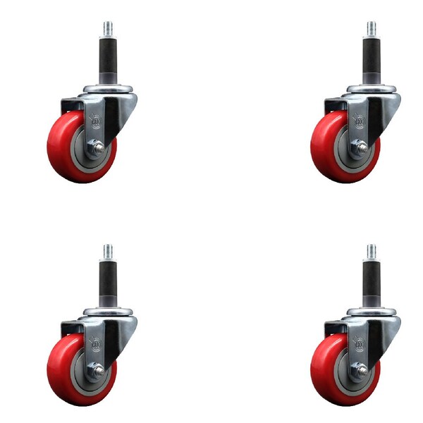 3'' SS Red Poly Wheel Swivel 1'' Expanding Stem Caster Set, 4PK